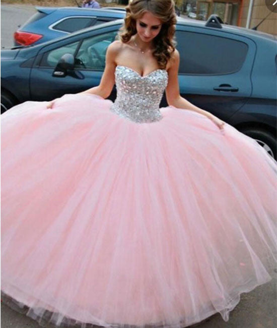Sweetheart Neck Rhinestone Tulle Long Pink Prom Gown, Evening Dress