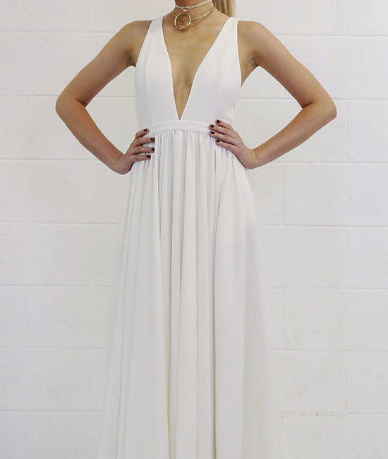White v neck backless long prom dress, white evening dress