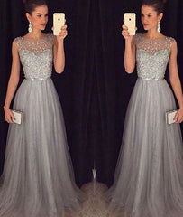 A-line round neck tulle sequin long prom dress for teens, unique evening dress