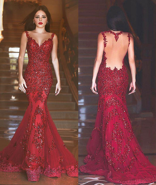 Red lace sequin long mermaid long prom dress, formal dress