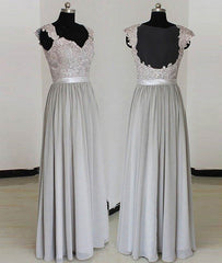 A-line gray long prom dress, gray lace bridesmaid dress