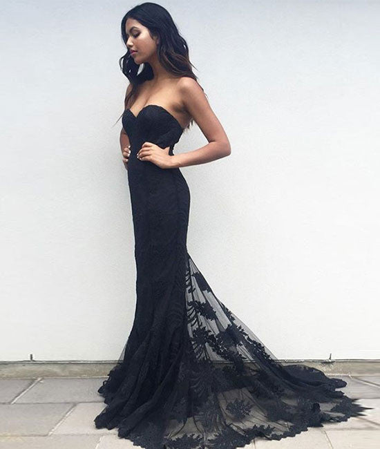 Black sweetheart neck lace train long prom dress, black evening dress