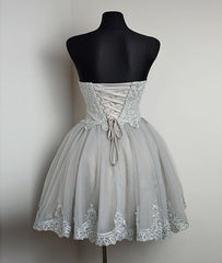 Cute gray tulle lace short prom dress, gray homecoming dress