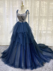 Dark blue tulle lace long prom dress, blue tulle formal dress