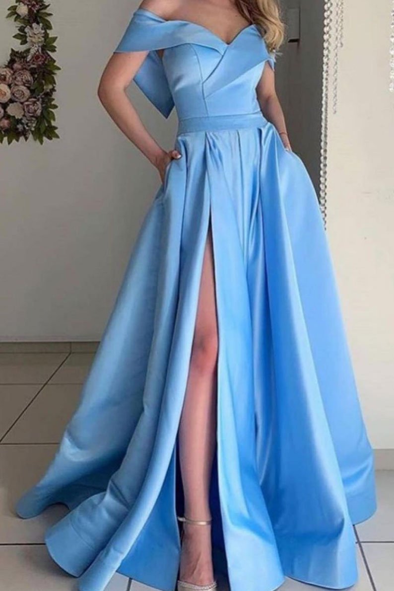 Simple off shoulder satin long blue prom dress, blue evening dress