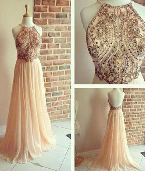 A line Chiffon Backless Beading, Sequin Long Prom Dresses