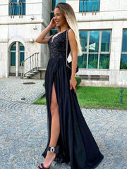 Black v neck chiffon  lace long prom dress, black evening dress