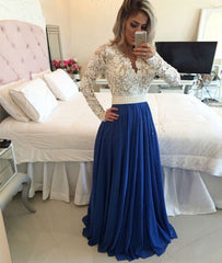 A-line lace long-sleeved chiffon long prom dress, evening dress