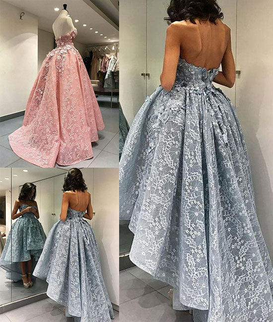 Unique sweetheart lace short prom gown, lace evening dress