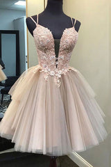 Champagne v neck tulle lace short prom dress lace homecoming dress
