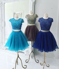 custom made beading two pieces short prom dress, cute homecoming dress