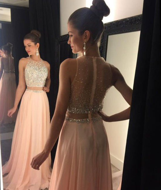 A-line round neck pink chiffon sequin long prom dress, evening dress