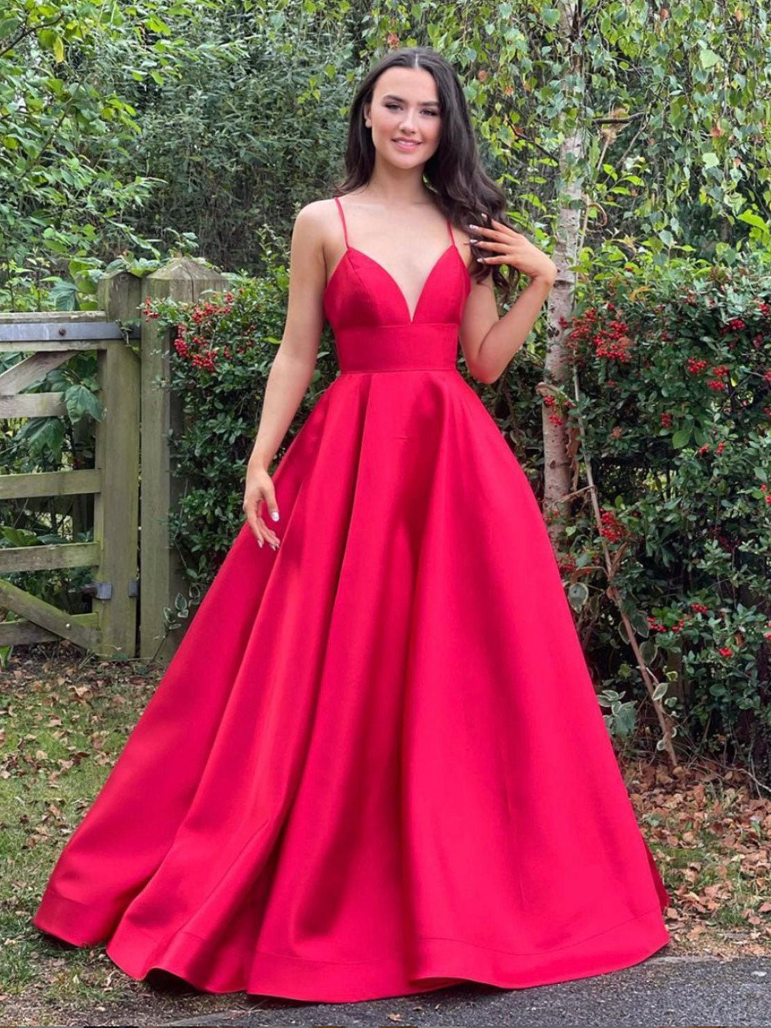 Simple A-line v neck satin long prom dress, red evening dress