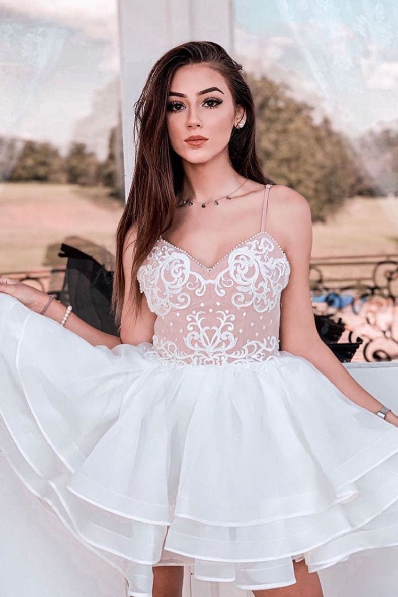 White tulle lace short prom dress white lace cocktail dress