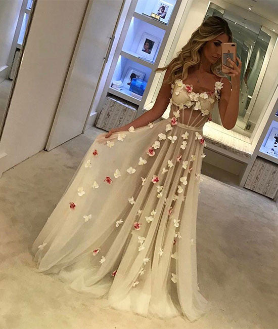 Unique tulle white long prom dress, white formal dress