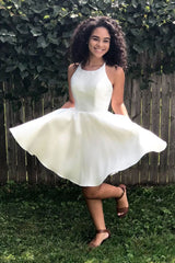 Simple white satin short prom dress white homecoming dress
