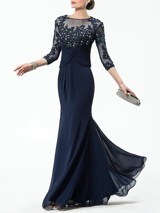 Two Piece Mermaid / Trumpet Sparkle Elegant Wedding Guest Formal Evening Dress Illusion Neck Half Sleeve Floor Length Chiffon with Crystals Appliques