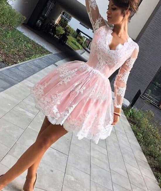 cute pink lace short prom dress, pink lace homecoming dress