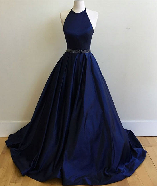 Simple dark blue long prom dress, evening dress