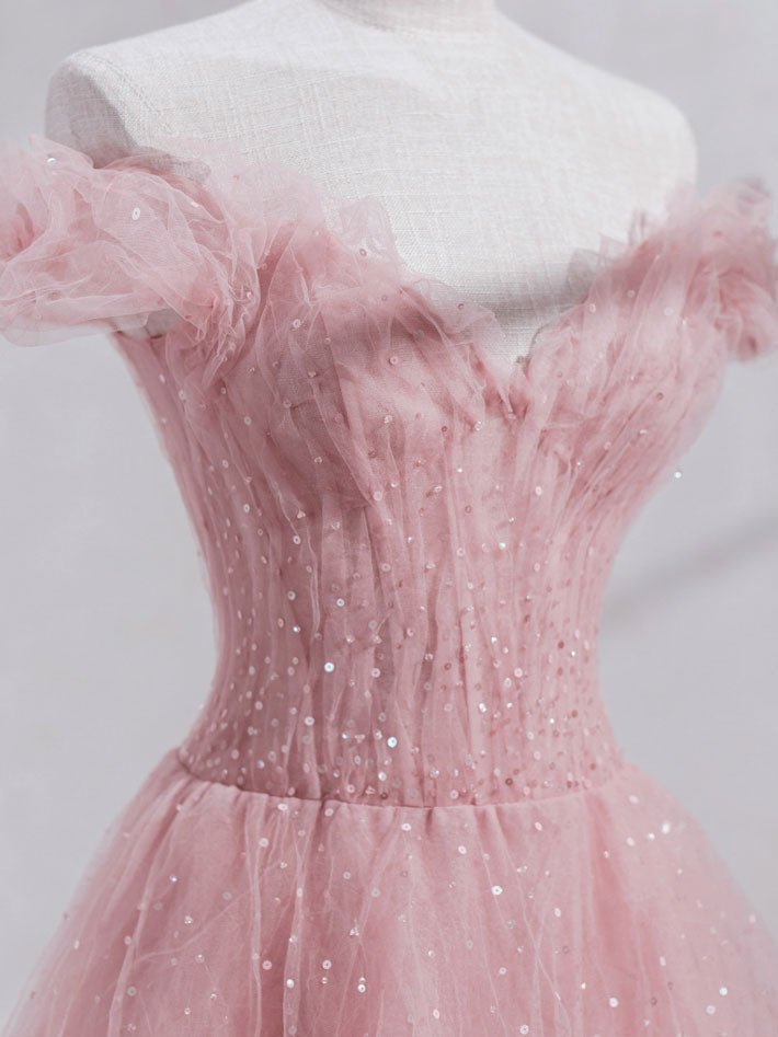 Pink off shoulder tulle sequin long prom dress, pink formal dress