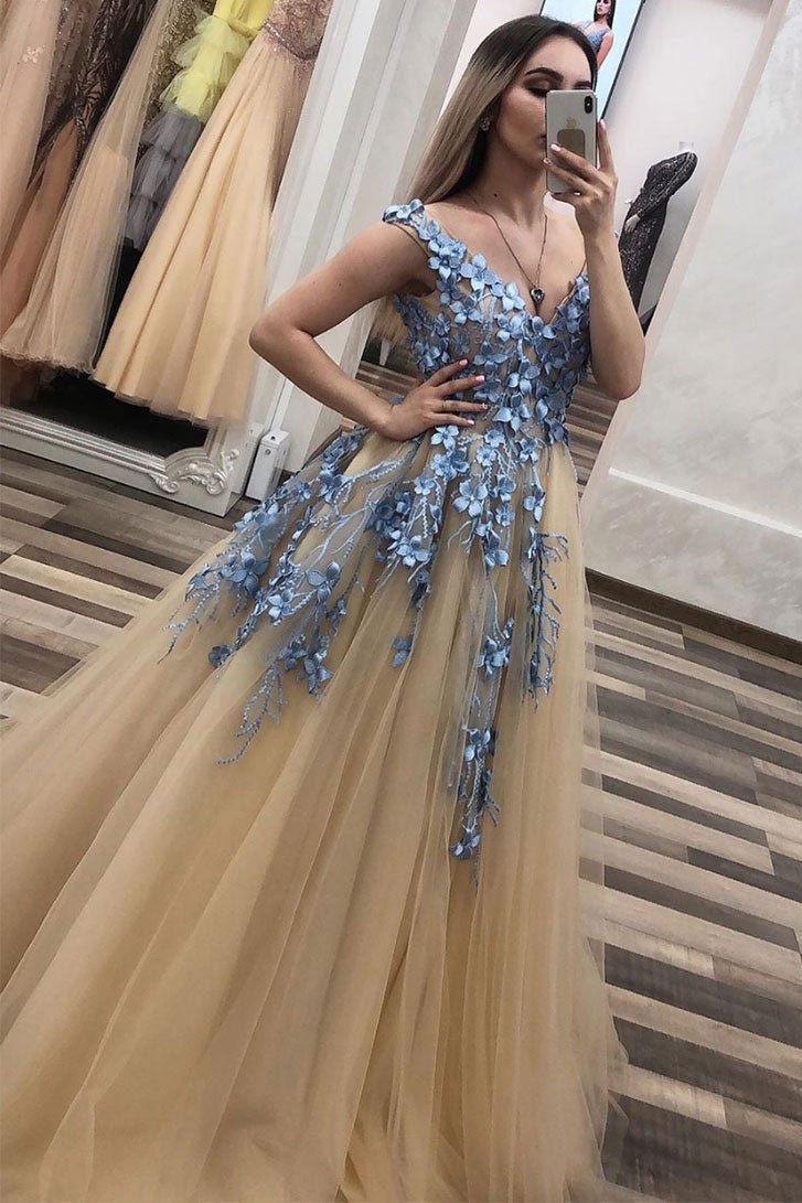 Champagne v neck tulle lace long prom dress champagne evening dress