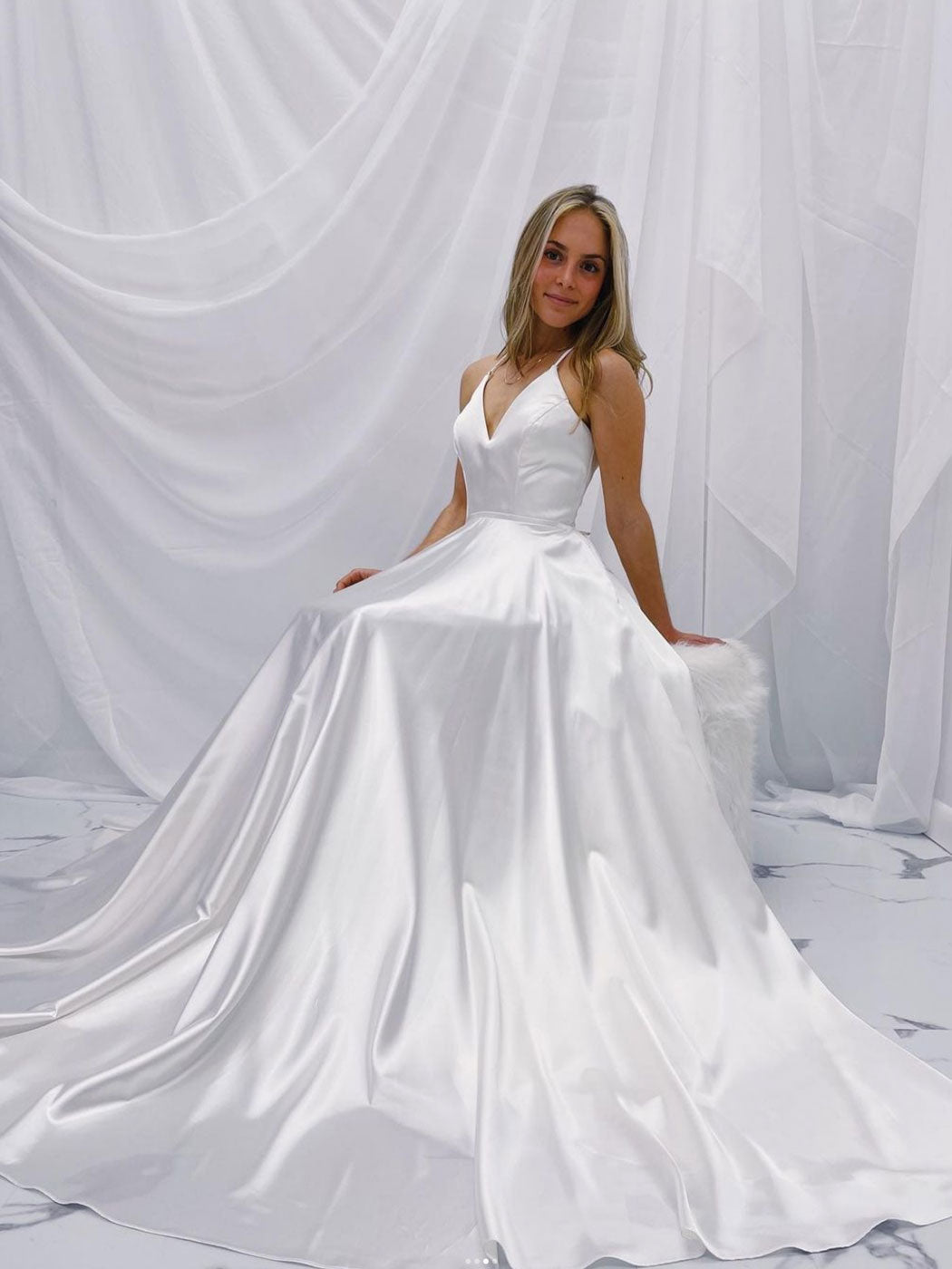 White v neck satin long prom dress, white A line evening dress