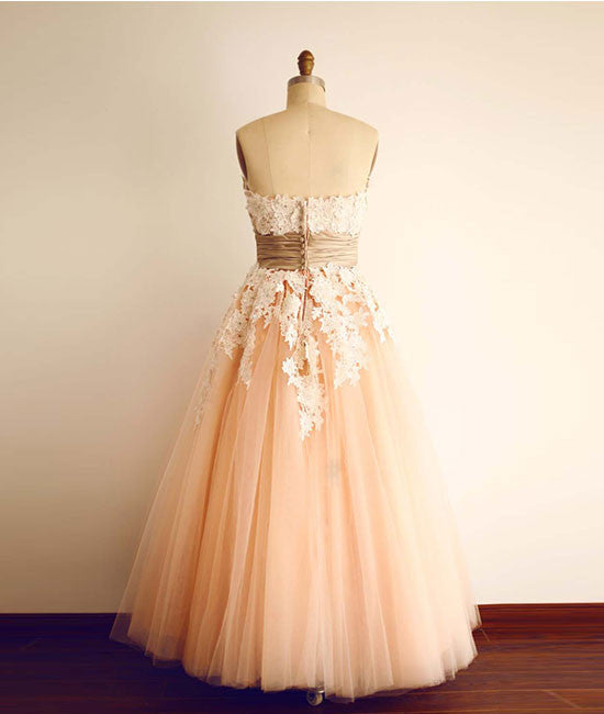 Champagne Tulle lace tea length Prom Dress, Bridesmaid Dress