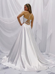 White v neck satin long prom dress, white A line evening dress