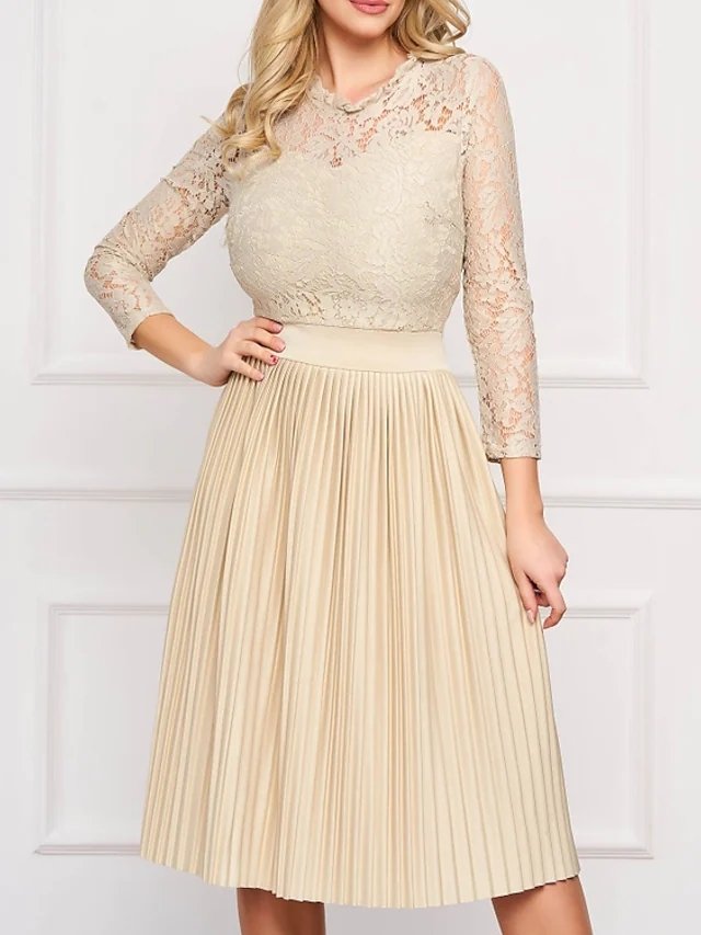 A-Line Mother of the Bride Dress Elegant Jewel Neck Knee Length Chiffon Lace 3/4 Length Sleeve with Pleats Embroidery