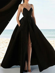 A-Line Beautiful Back Minimalist Engagement Prom Dress Sweetheart Neckline Sleeveless Floor Length Satin with Split