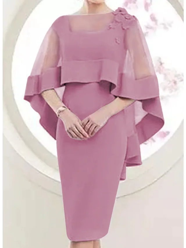 Sheath / Column Mother of the Bride Dress Elegant Square Neck Knee Length Satin Tulle 3/4 Length Sleeve with Appliques