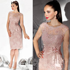 Pink Mother Of The Bride Dresses Sheath Cap Sleeves Lace Crystals Short Wedding Party Dress Mother Dresses For Wedding
