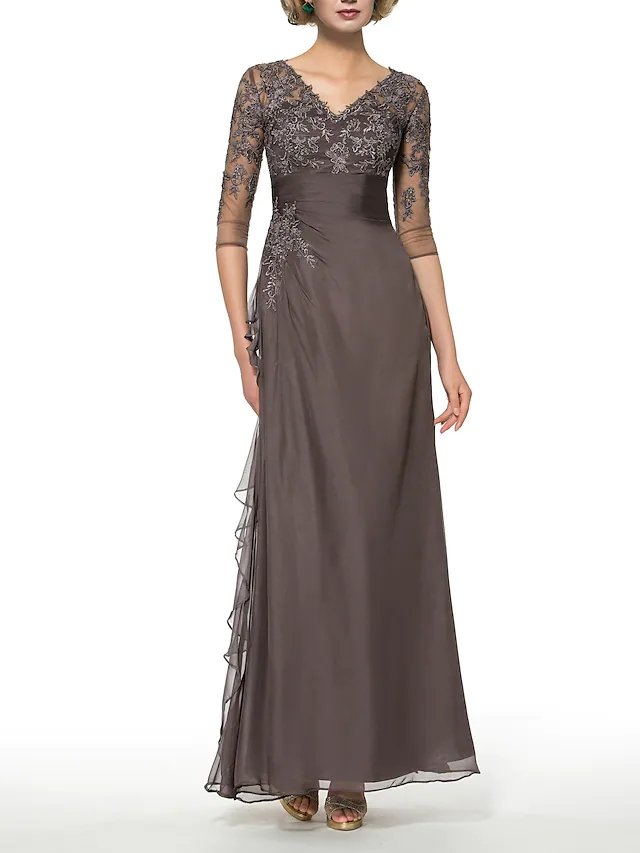 Sheath / Column Mother of the Bride Dress Elegant V Neck Floor Length Chiffon Lace Half Sleeve with Draping Appliques