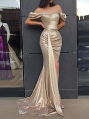 Mermaid / Trumpet Sexy bodycon Wedding Guest Prom Dress Off Shoulder Sleeveless Sweep / Brush Train Satin with Split
