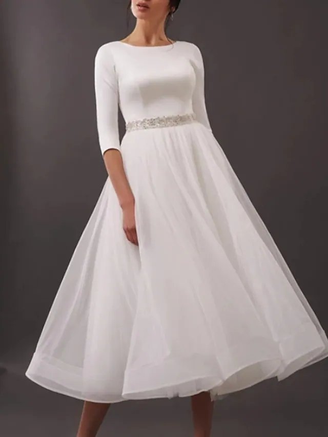 A-Line Wedding Dresses Jewel Neck Tea Length Satin Tulle Half Sleeve Simple Vintage Little White Dress