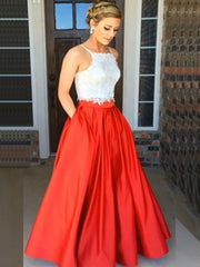 A-Line/Princess Spaghetti Straps Sleeveless Satin Floor-Length Lace Two Piece Dresses