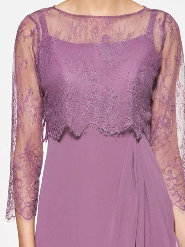 A-Line Mother of the Bride Dress Elegant Jewel Neck Ankle Length Chiffon Lace 3/4 Length Sleeve with Ruffles