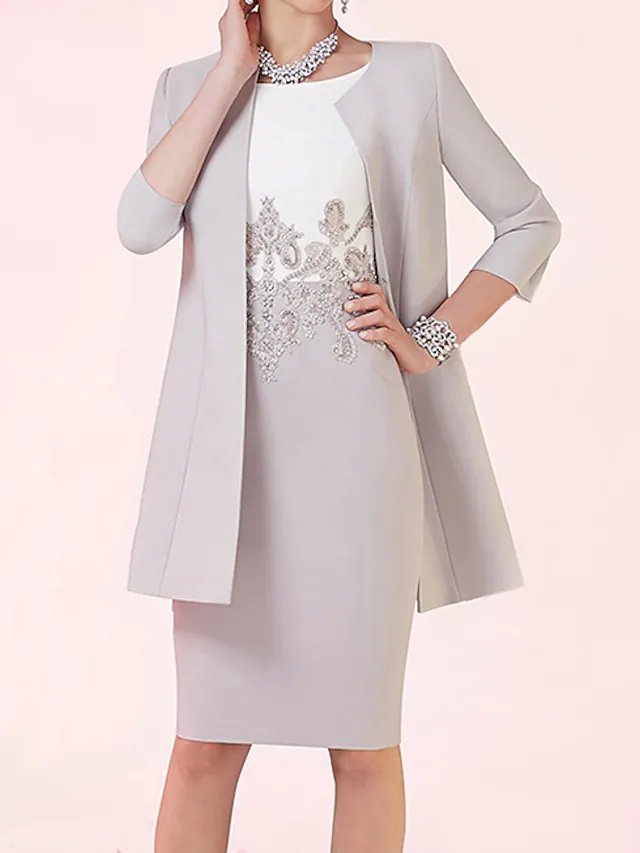 Two Piece Sheath / Column Mother of the Bride Dress Elegant Jewel Neck Knee Length Lace Satin 3/4 Length Sleeve with Beading Color Block