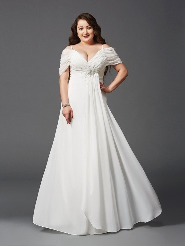A-Line/Princess Off-the-Shoulder Ruched Short Sleeves Long Chiffon Plus Size Dresses