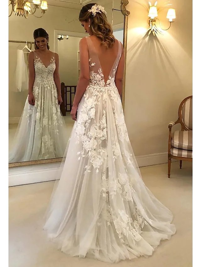 A-Line Wedding Dresses V Neck Court Train Lace Regular Straps Formal Casual Beach