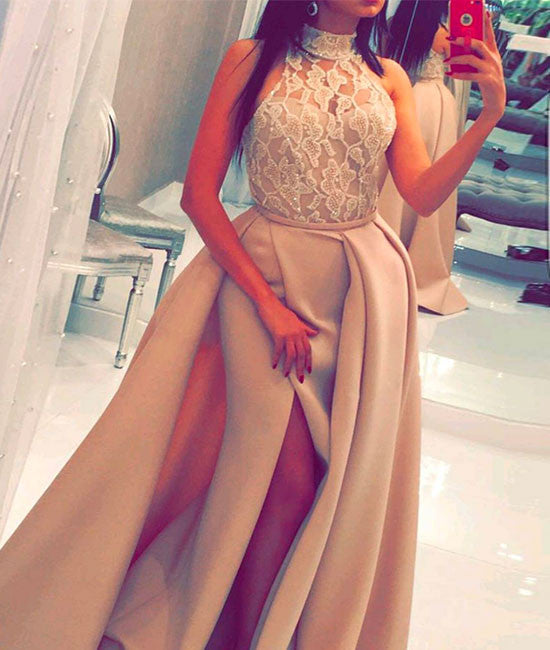 Champagne lace long prom dress, champagne evening dress