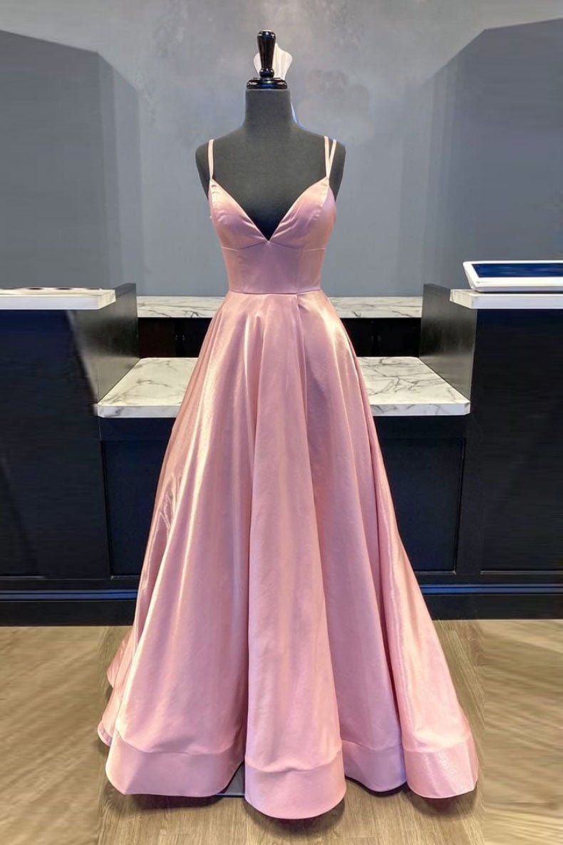 Simple v neck pink satin long prom dress pink formal dress