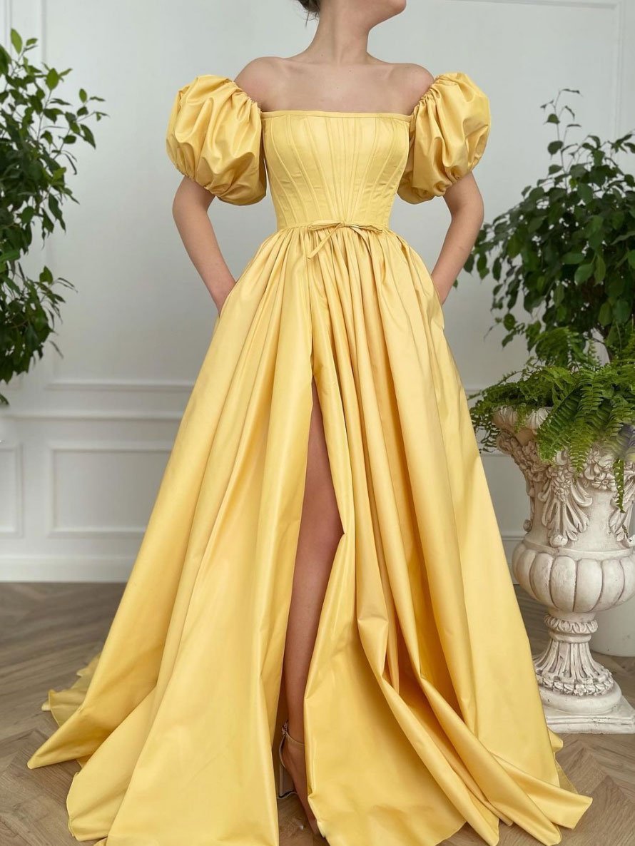 Yellow A line satin long prom dress, yellow evening dress