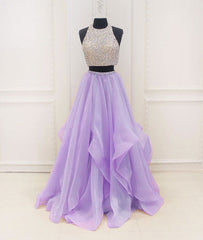 unique two pieces sequin purple long prom dress, purple evening dress