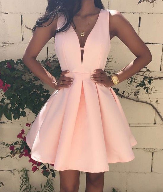 Pink v neck short prom dress, cute homecoming dress