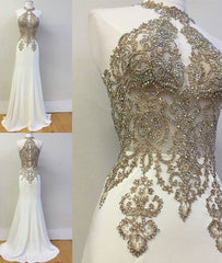 White high neck lace applique long prom dress, evening dress
