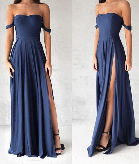 Simple chiffon blue long prom dress, evening dress