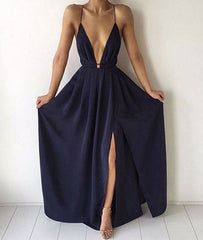 Simple dark blue v neck long prom dress, evening dress