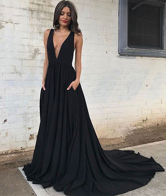 Black v neck chiffon long prom dress, black evening dress