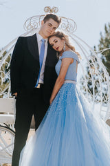 Blue tulle two pieces long prom dress blue formal dress